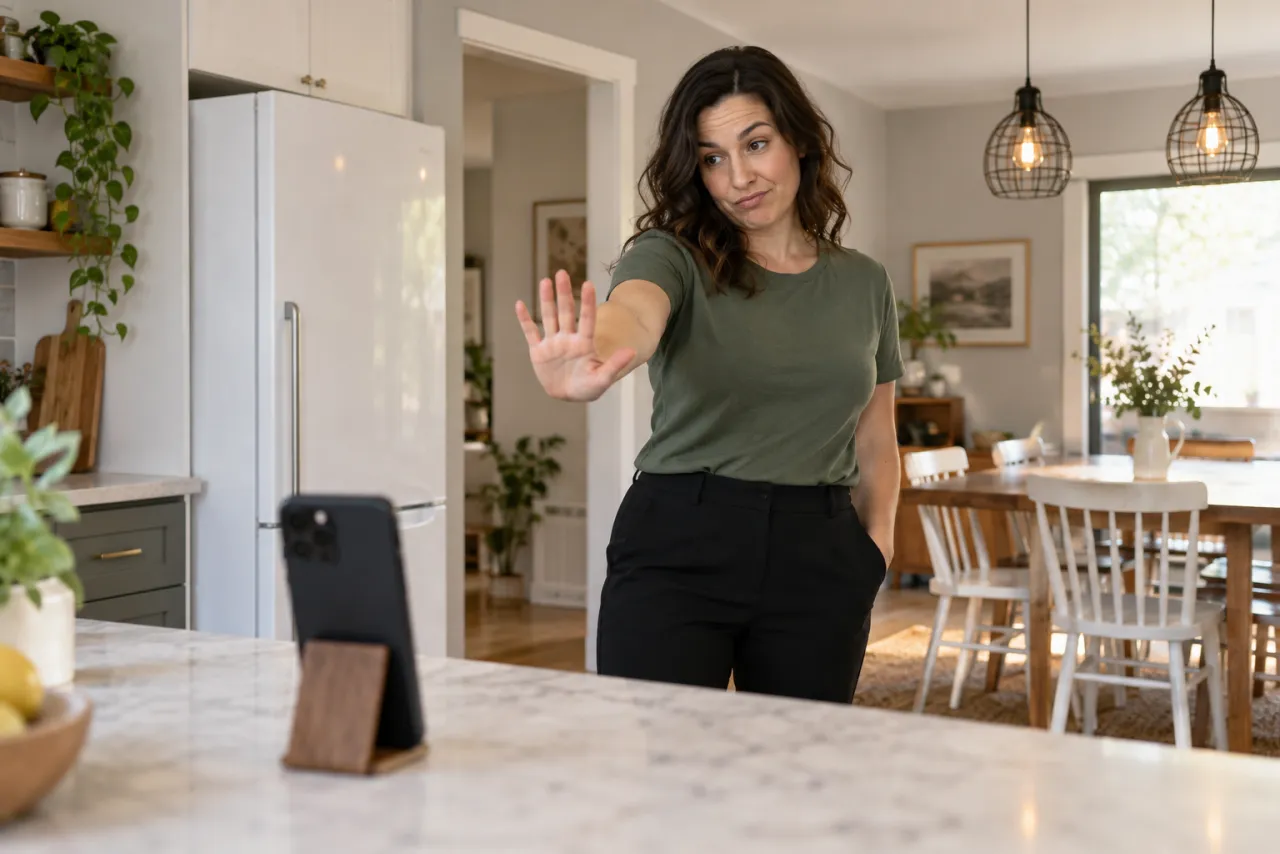 A woman in a green t-shirt in a bright kitchen holds a flat palm toward a phone propped in a stand on the counter, unimpressed
