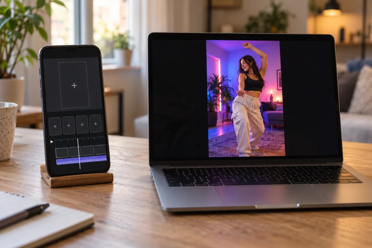 A phone on a stand showing an empty template editor beside a laptop playing a generated dance video