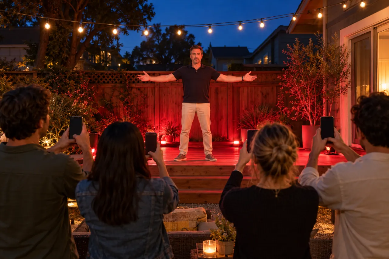 A backyard at dusk: a man in a dark polo stands on a low wooden deck in red light with his arms out wide while four friends film him on their phones