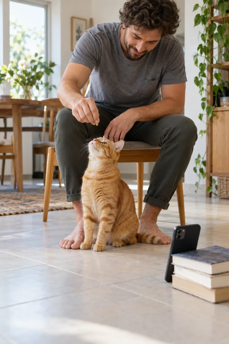 A man on a wooden chair holds a treat down to an orange tabby on a tiled floor while a phone propped on books films him from below