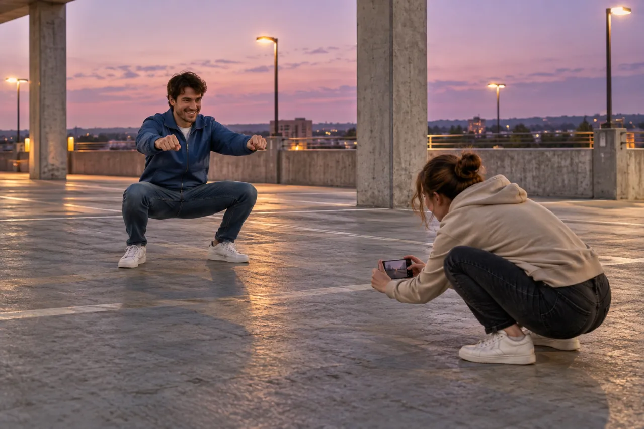 A man in a blue jacket holds a deep squat with his fists out on a parking deck at dusk while a friend crouches low to film him on a phone