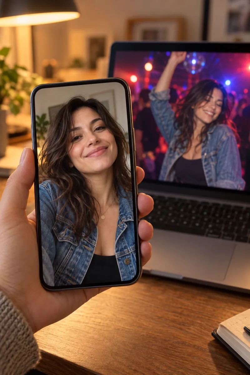 A hand holds a phone showing a selfie of a smiling woman in a denim jacket; behind it a laptop plays a video of her dancing in a club