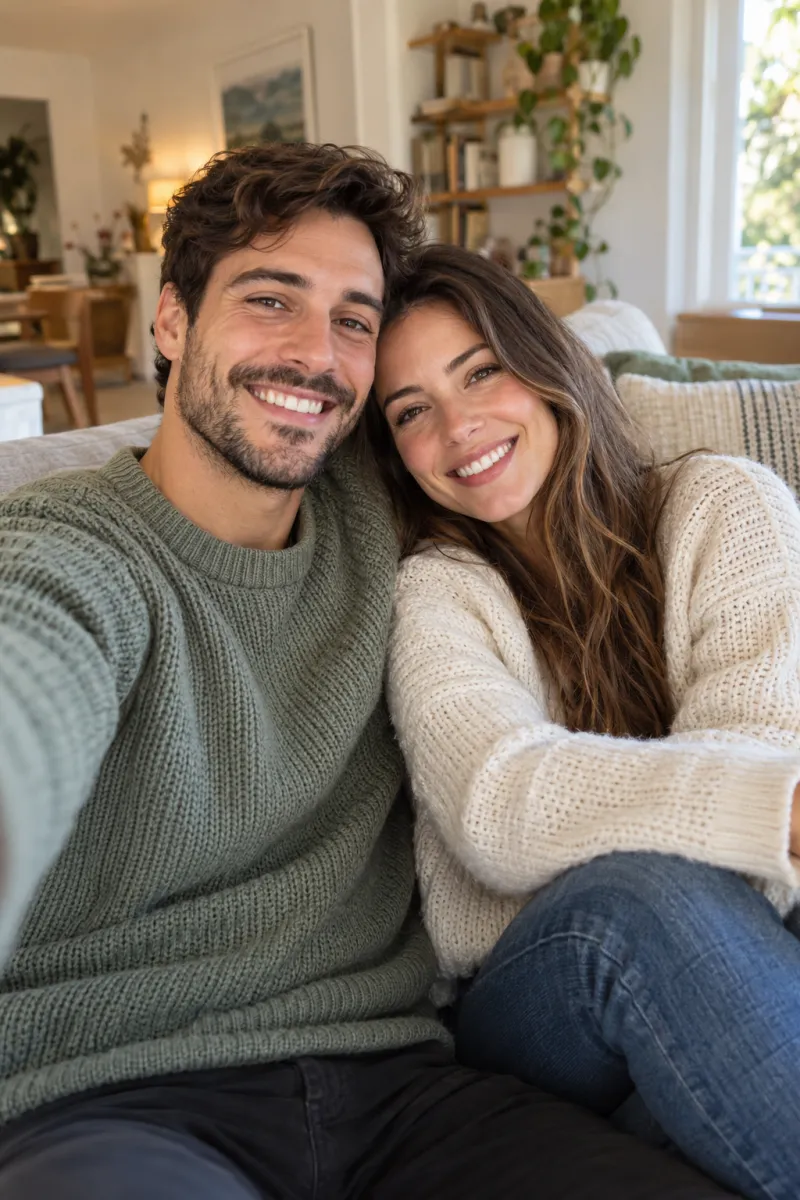 A smiling couple in knit sweaters takes a selfie together on a sofa, both faces clear in soft window light