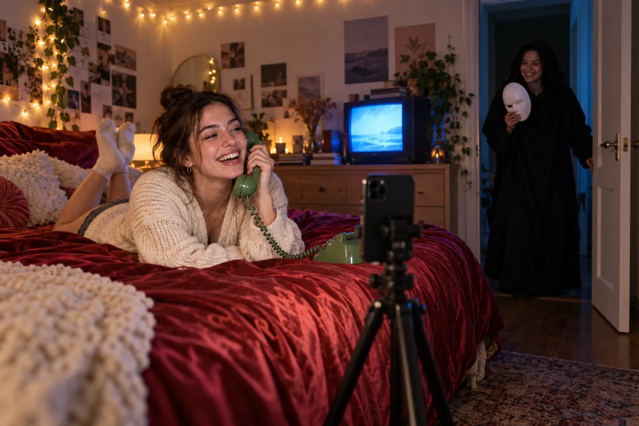 Behind the scenes in a fairy-lit bedroom: a phone on a tripod faces the bed, a woman laughs on a green corded phone, and a friend in a black hooded robe holds a plain white mask in the open doorway