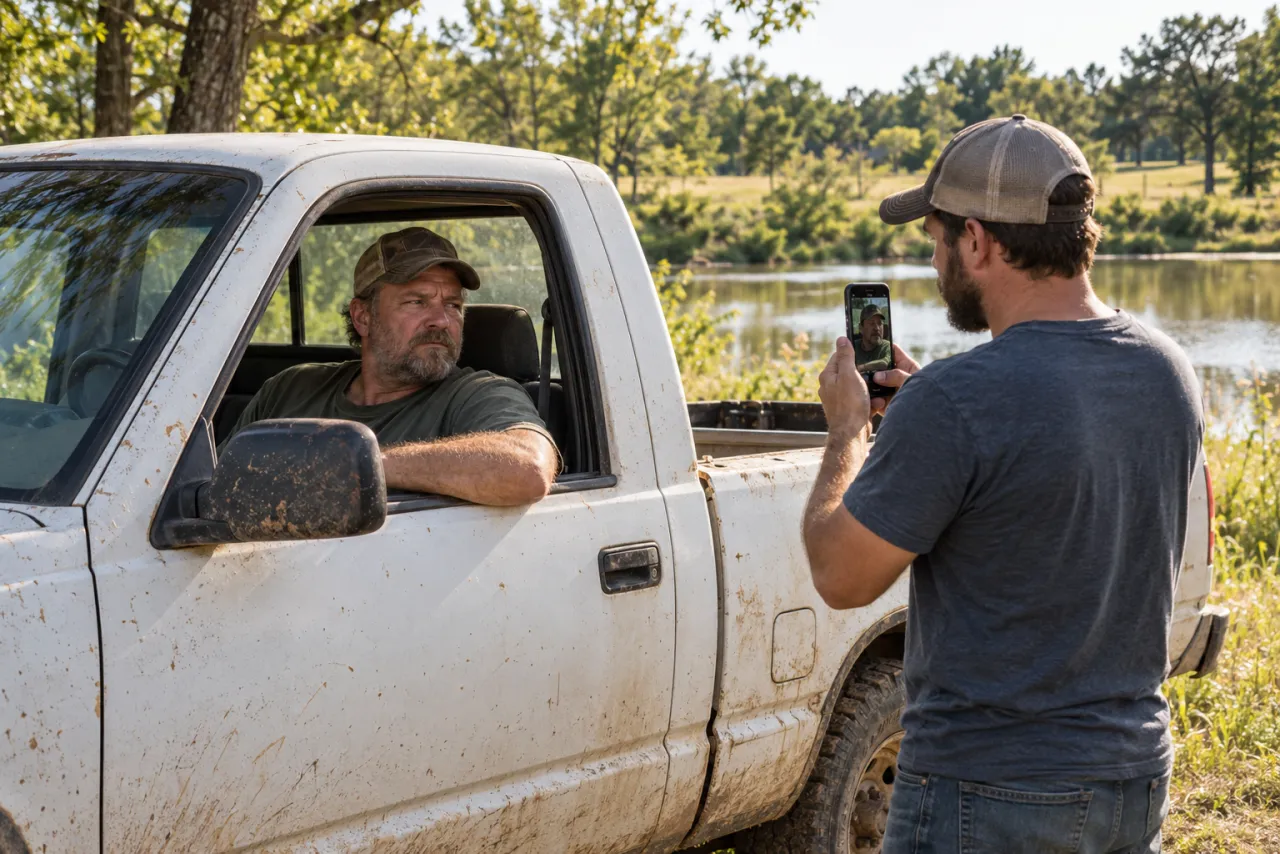 A bearded man in a cap sits in a muddy old white pickup by a pond, arm over the open window, while a friend outside films him on a vertical phone