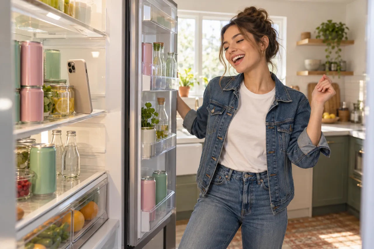 In a bright kitchen, a phone stands on a shelf inside an open fridge while a woman in a denim jacket holds the door and grins at it