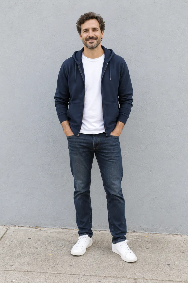 A man in a navy hoodie, white t-shirt, jeans and white sneakers stands in front of a plain grey wall, smiling at the camera