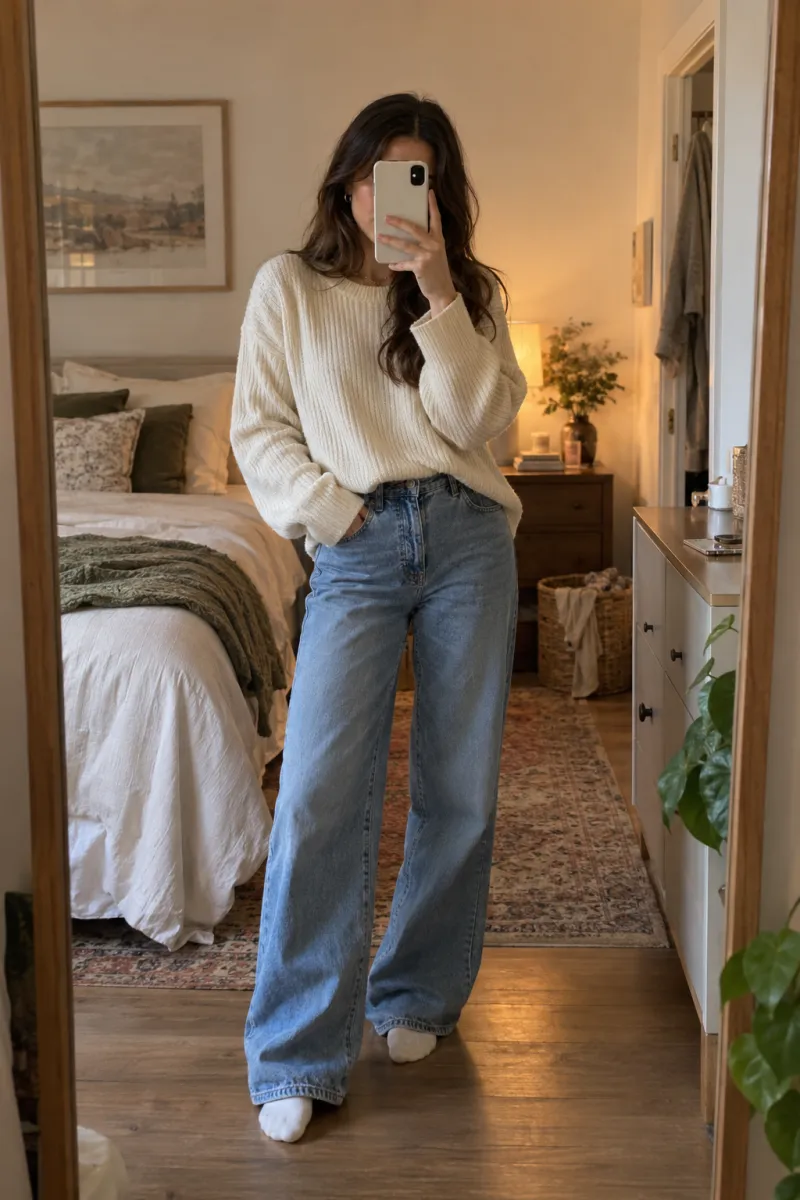 A woman takes a mirror selfie with her phone held in front of her face