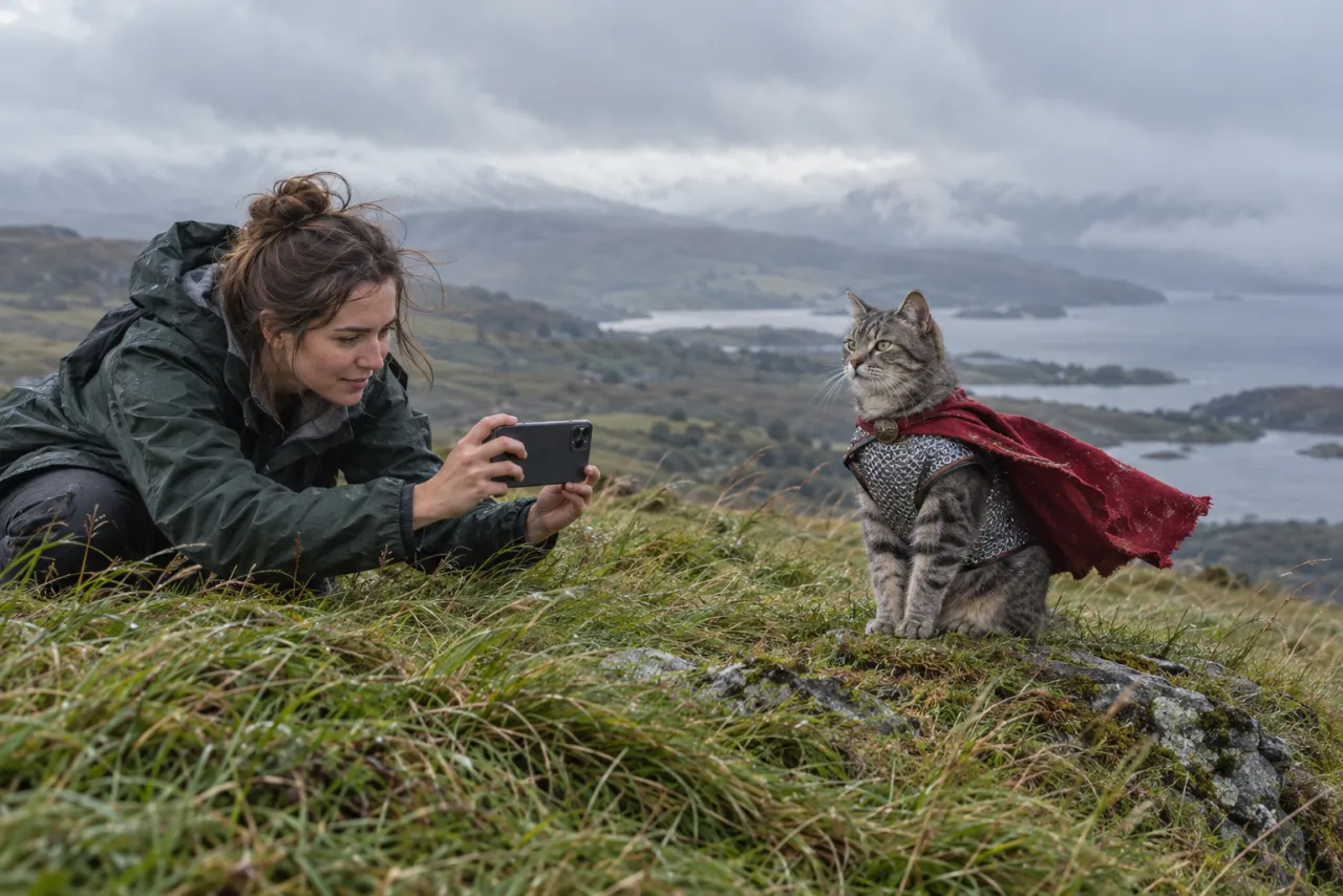 A woman in a rain jacket crouches on a windswept hill and films a grey tabby cat sitting calmly in a chainmail vest and a red cape