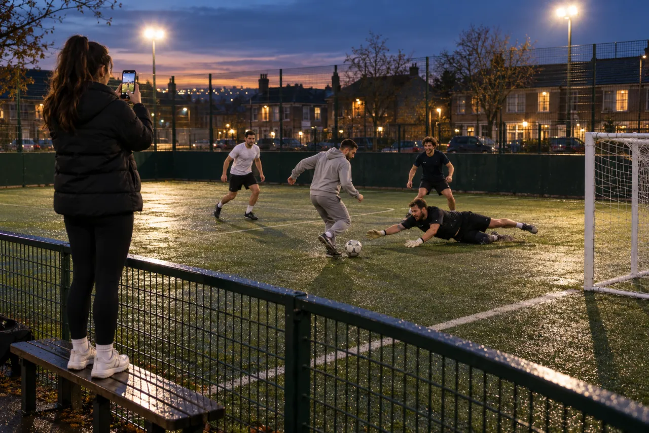 On a floodlit five-a-side pitch, a woman stands on a bench to film as a man in a grey hoodie runs at a diving keeper, two friends ready to slide