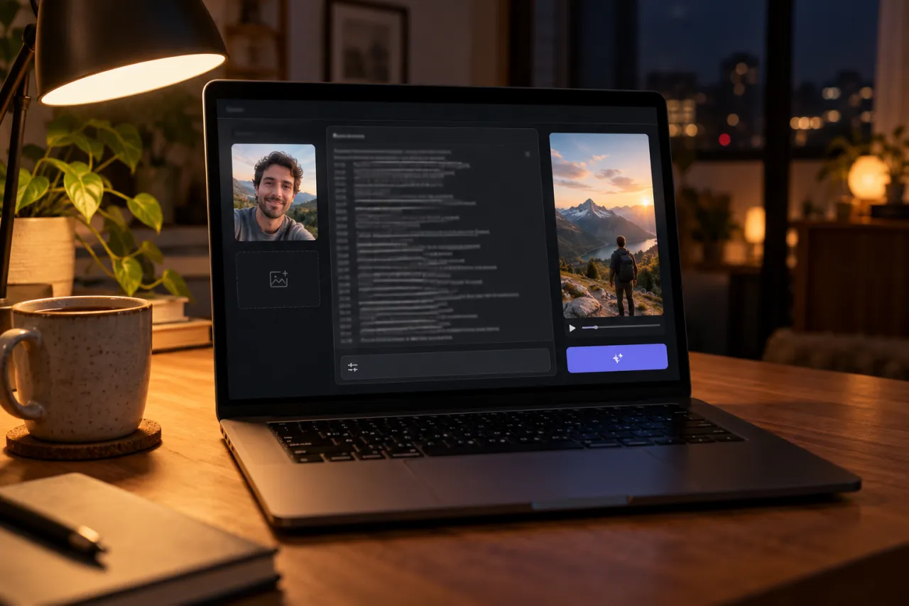 A laptop on a desk at night showing an AI video tool, with a reference selfie on the left, a long prompt in the middle and a preview on the right