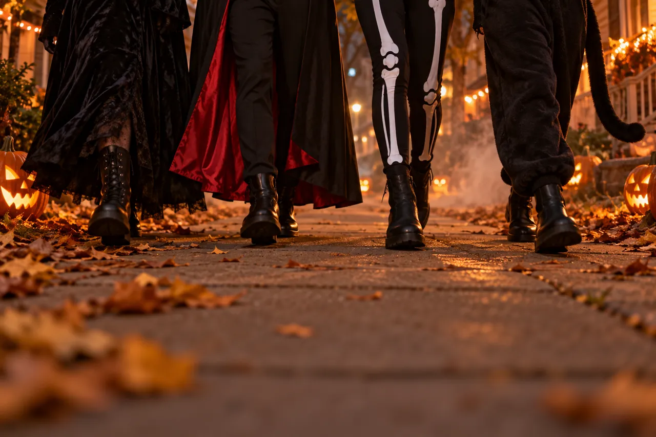 A low view of four people walking toward the camera on a Halloween sidewalk: a velvet witch cloak, a red-lined vampire cape, skeleton-print legs and a black cat tail