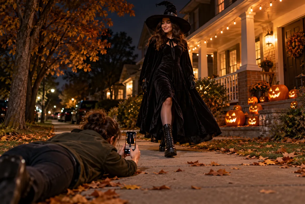 On a Halloween sidewalk at night, a woman in a velvet witch cloak and boots walks toward a friend lying on the pavement who films her boots with a phone