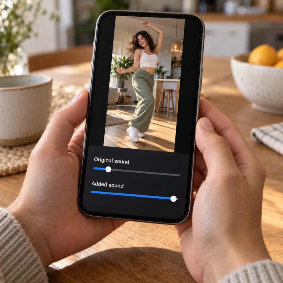 A phone editor with two sliders under a video: Original sound turned low and Added sound turned up