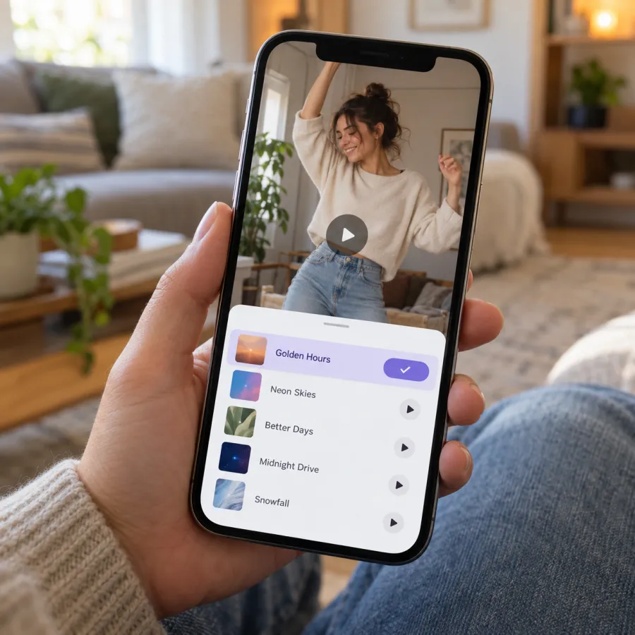 A hand holds a phone showing a video with a list of sounds below it, one of them ticked