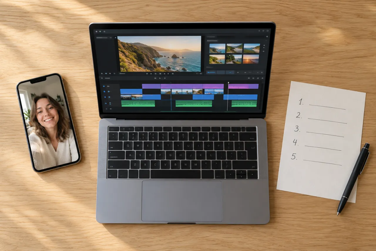 A desk with a phone showing a woman’s selfie, a laptop with a video timeline, and a sheet of paper with a numbered list