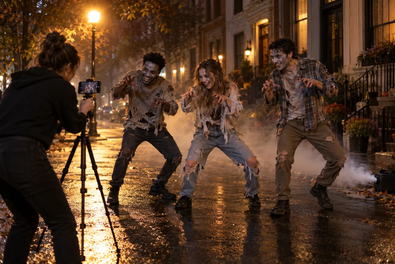 On a wet city street at night, three friends in torn clothes and grey zombie make-up do claw hands toward a phone on a tripod, while a woman in a black hoodie films them under a street lamp