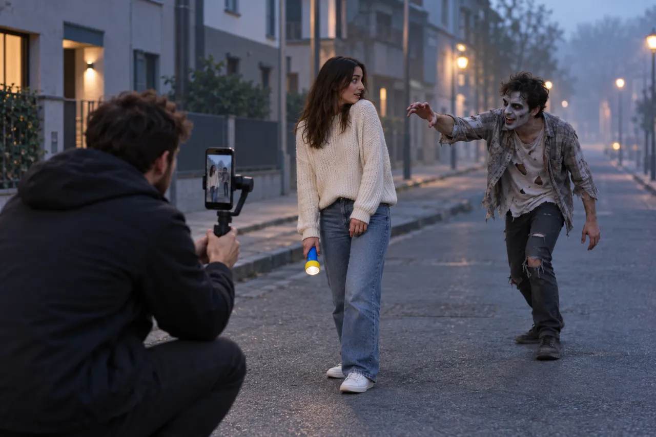 Three friends filming a zombie scene on a grey street at dusk: a woman holds a lowered flashlight while a man in pale makeup reaches toward her and a third friend films on a phone gimbal
