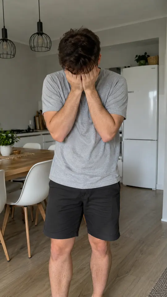 A man in a grey t-shirt stands in his kitchen with his face buried in his hands