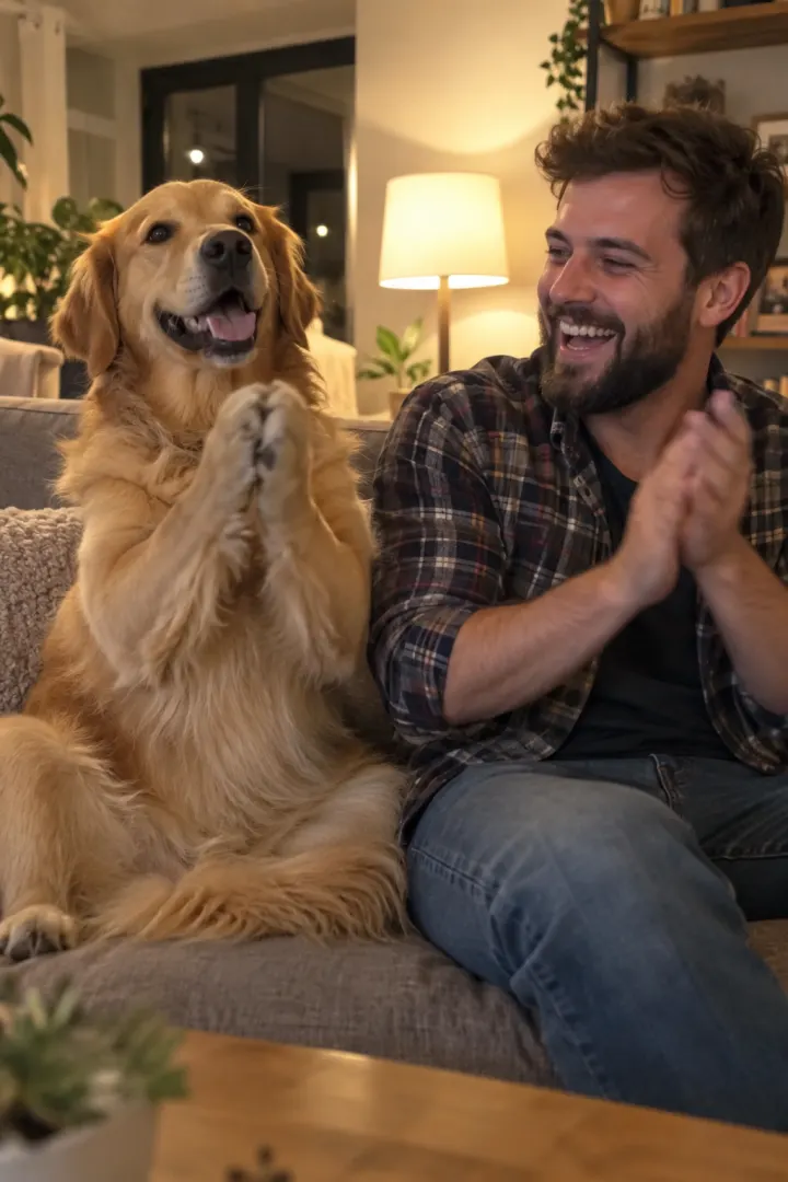A golden retriever sits upright on a sofa with its paws pressed together while a laughing bearded man in a plaid shirt claps beside it