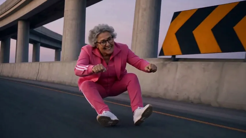 A smiling woman in a pink tracksuit squats in mid-air on an invisible moped on a curving overpass at dusk