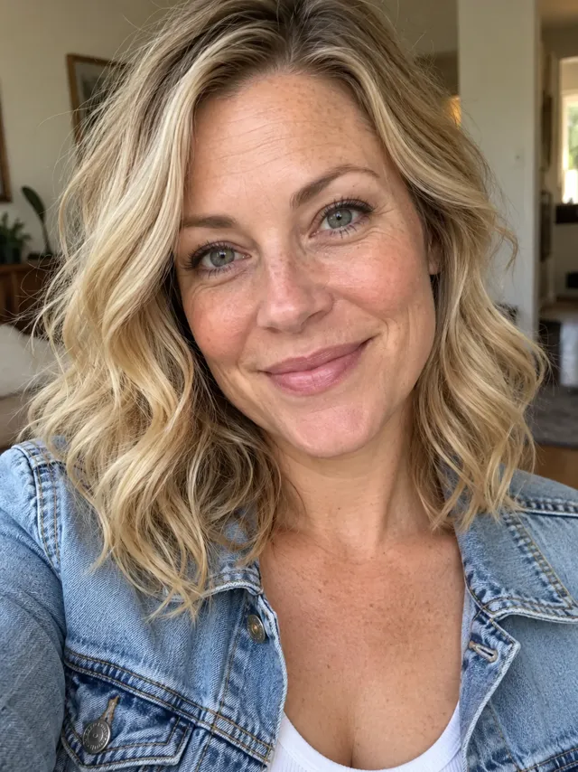 A selfie of a smiling blonde woman in a denim jacket at home, her face clear and lit from the front