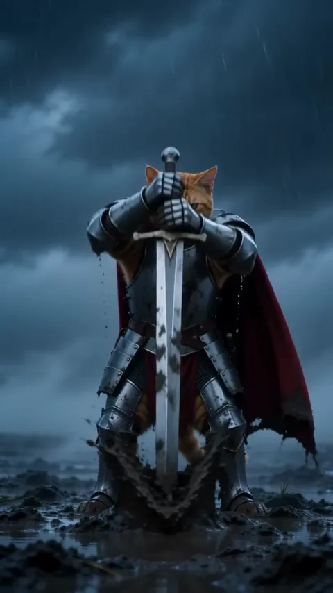 Knight Cat AI video, part 2: Pulls the sword