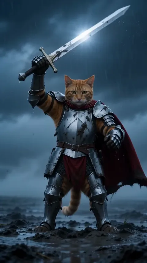 Knight Cat AI video, part 3: Raises the blade