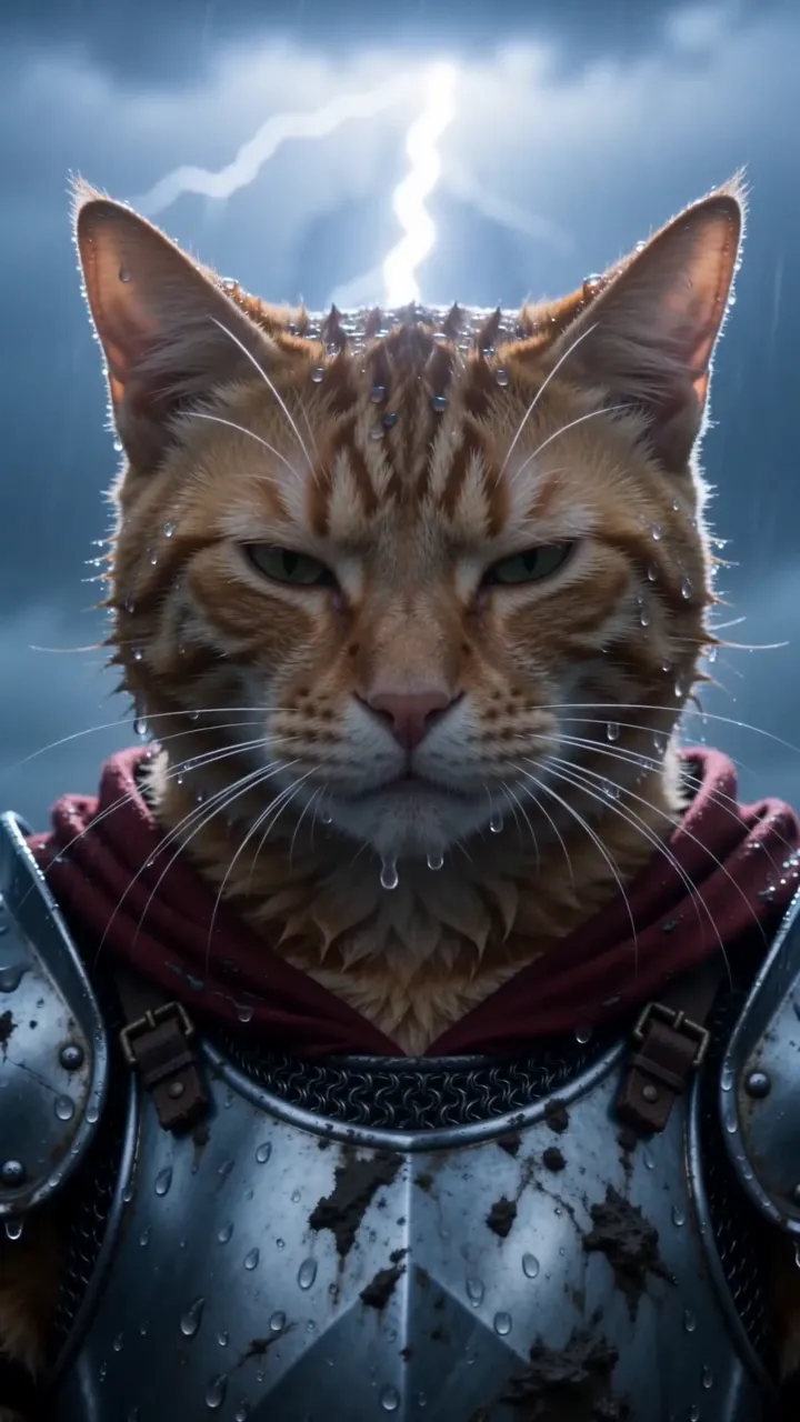 An orange tabby cat in silver armor and a crimson cape stares into the camera in the rain as lightning flashes behind it