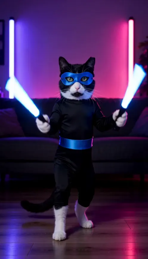 A tuxedo cat standing on its hind legs in a small black suit with a blue stripe and a blue mask, holding two glowing batons in a purple room
