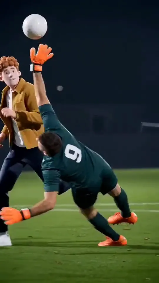 A keeper dives full length as a man in a mustard jacket chips the ball over him under the floodlights