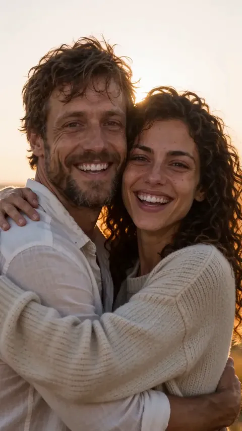 A smiling couple hugging cheek to cheek in warm golden-hour sun, both looking at the camera