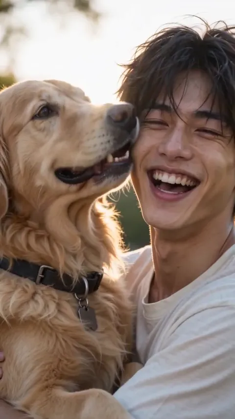 A young man laughs with his eyes shut as a golden retriever licks his cheek in warm evening light