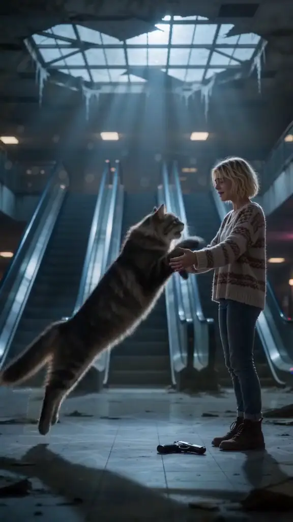 A grey zombie cat leaps toward a woman in a dead mall with escalators behind her