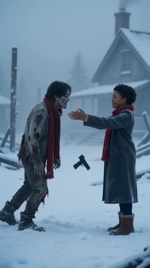 In the snow, a woman in a red scarf drops her gun as her turned partner, also in a red scarf, stumbles toward her