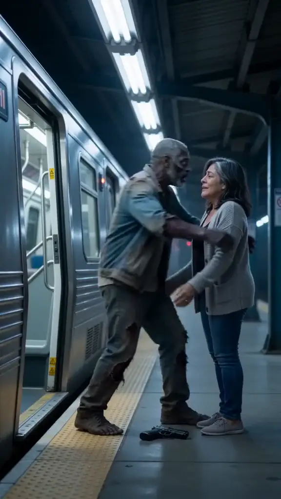 A grey-haired woman pulls a grey-skinned zombie man into a hug at the open doors of a subway train