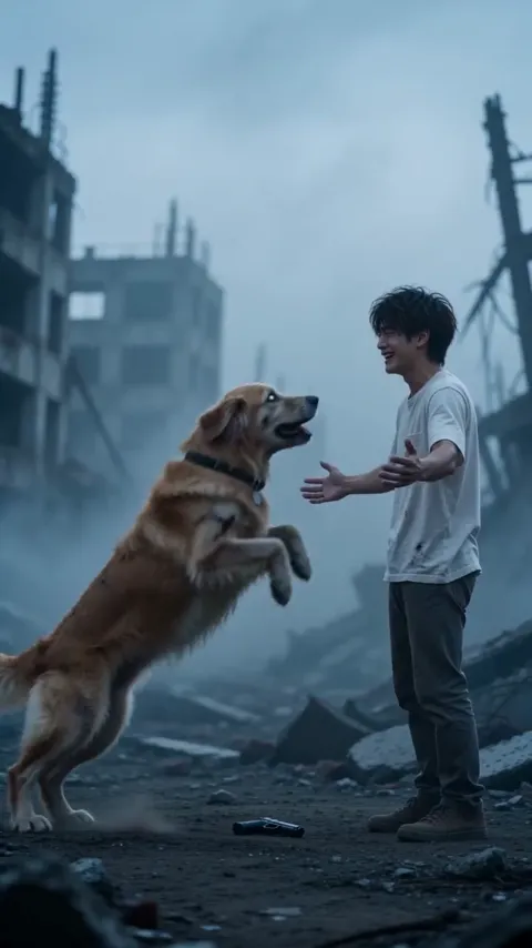 A golden dog leaps toward a smiling young man with open arms on a ruined street