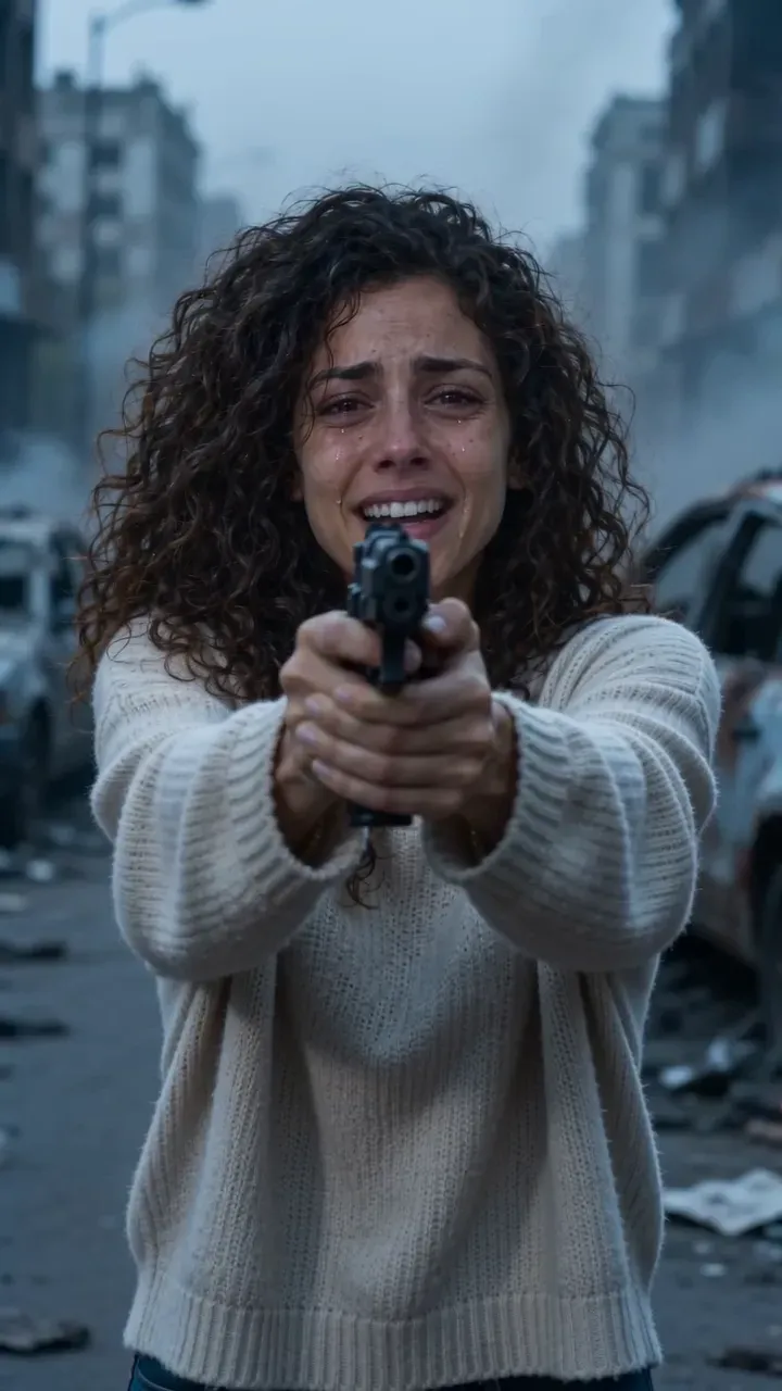 A woman in tears aims a handgun down a ruined, ash-filled street, her hands shaking
